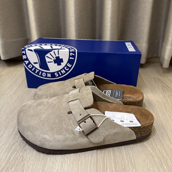 Birkenstock Boston Soft Footbed Taupe Suede Wide - Picture 1 of 6
